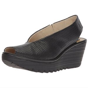 Fly London Black Peep-Toe Wedge Sandals